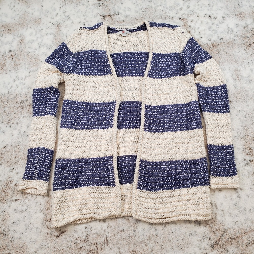 LL Bean Signature Womens Size XXS Striped Open Tunic Cardigan Knit Blue White